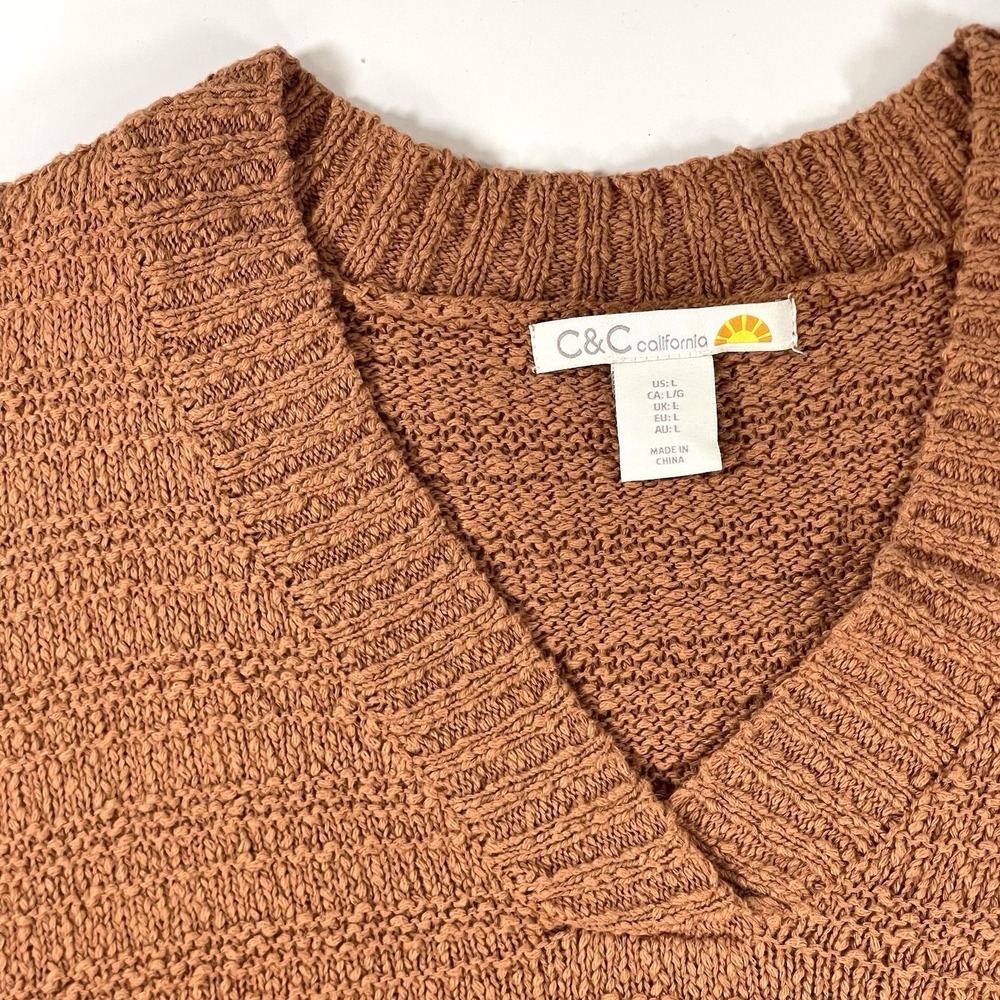 C & C California V‎ Neck Knit Sweater Pullover Brown L 100% Cotton - Picture 2 of 5
